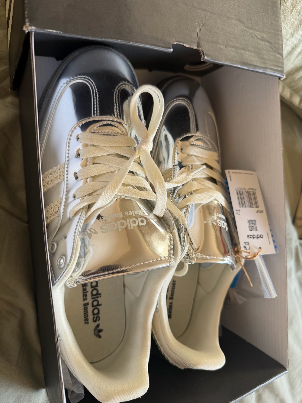 adidas men’s Metallic Silver and Cream Low-Top Sneakers Wales Bonner edition